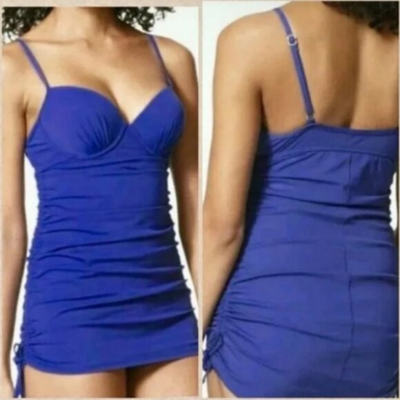 SPANX Assets Shirred Underwire Push Up Power Royal Blue Swimsuit Dress Size XL - Picture 1 of 12